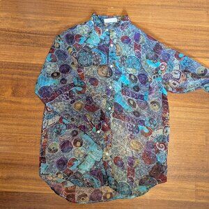 VINTAGE GUESS LADIES MULTICOLOR/SHEER BUTTON UP TOP-SIZE 2-EXCELLENT CONDITION